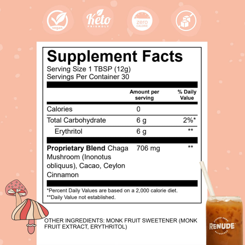 Renude Chagaccino - Chaga Mushroom Powder, Mushroom Coffee Drink Mix with Adaptogens, Natural Energy and Immune Support, Vegan, Keto, Zero Calorie Mushroom Blend Powder - 30 Servings Chagaccino: 30 serving bag