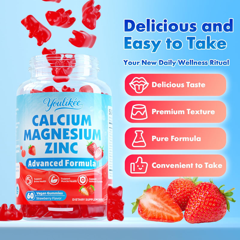 2 Pack Calcium Magnesium Zinc Gummies, Calcium Citrate with Vitamin D3 | High Absorption Calcium Magnesium Supplement for Women & Men, Sugar-Free, Strawberry Flavor, 120 Count 60 Count (Pack of 2)