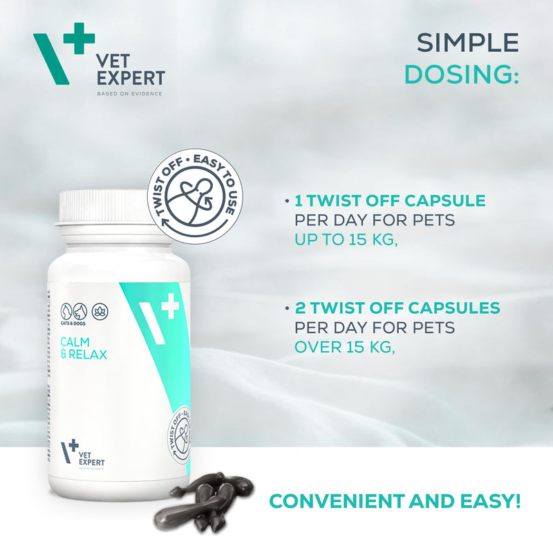 Vet Expert Calm & Relax Supplement for Dogs and Cats – Reduces Stress and Anxiety with Tryptophan, Valerian Extract, Taurine, and Green Tea Leaf Extract – 30 Twist-Off Capsules