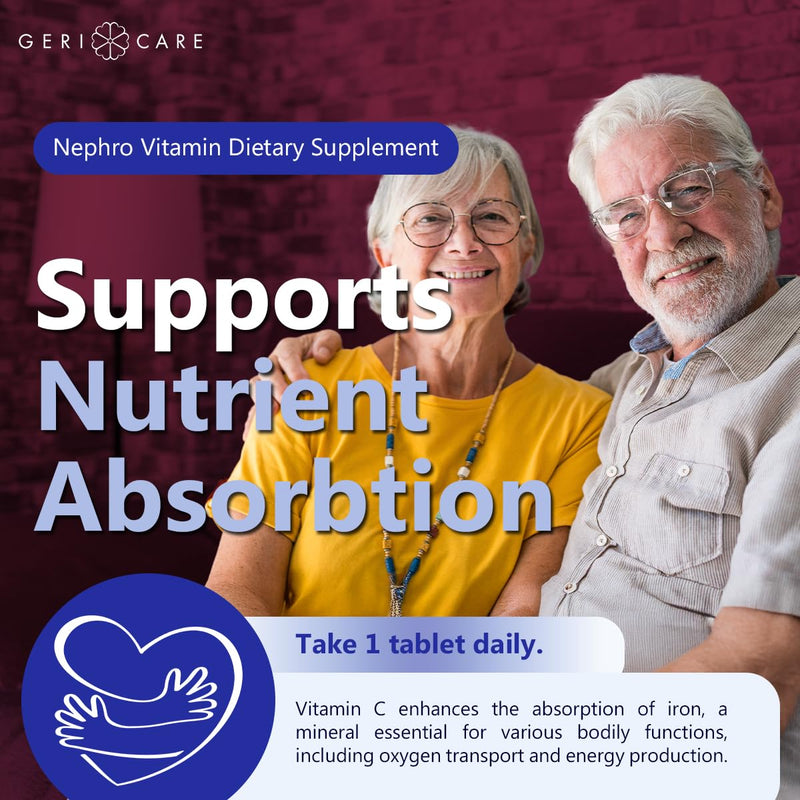 GeriCare Nephro Vitamin C & B Complex Tablets, 100 Count – Daily Kidney Health & Energy Support, Immune System Boost, Antioxidant Protection & Metabolism Support (Pack of 1)