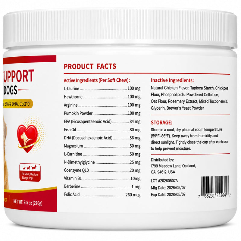 Taurine for Dogs, Heart Support Supplement, Antioxidant - Rich L-Taurine, L-Carnitine, EPA & DHA, CoQ10, Supports Cardiovascular Wellness, Circulation & Heart Function – 120 Chicken Flavour Soft Chews