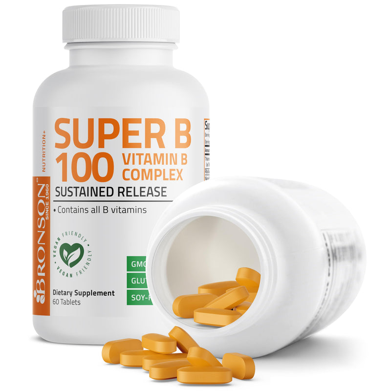 Bronson Super B100 Vitamin B Complex Sustained Release, 60 Tablets | B1, B2, B3, B6, Folic Acid, B12, Biotin & Pantothenic Acid, Energy & Nerve Support, Non-GMO, Gluten-Free & Soy-Free Unflavored 60 Count (Pack of 1)
