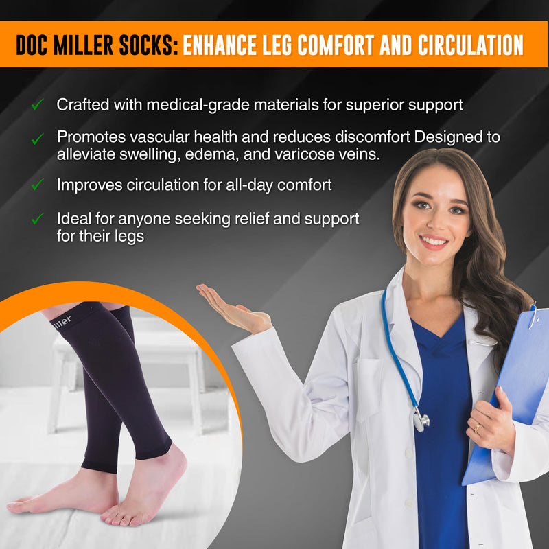 Doc Miller Compression Calf Sleeve for Men & Women – 20-30mmHg Graduated Support for Running, Shin Splints, Calf Strain – Knee High, Small to 6XL Plus Size Large REGULAR Black - BeesActive Australia
