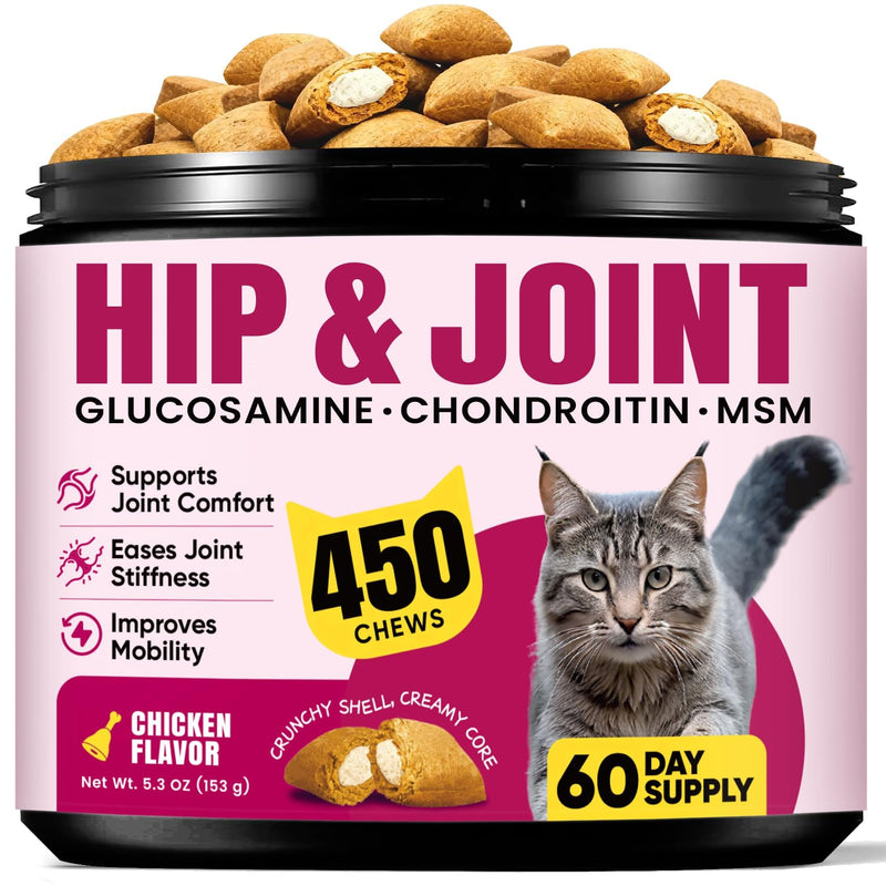 Glucosamine for Cats, Cat Joint Supplement with Chondroitin, Omega-3s & Green-Lipped Mussel, Pain Relief Crunchy & Creamy Treats for Senior Cats, Hip & Joint, Mobility & Flexibility Support -450 Chews Chicken