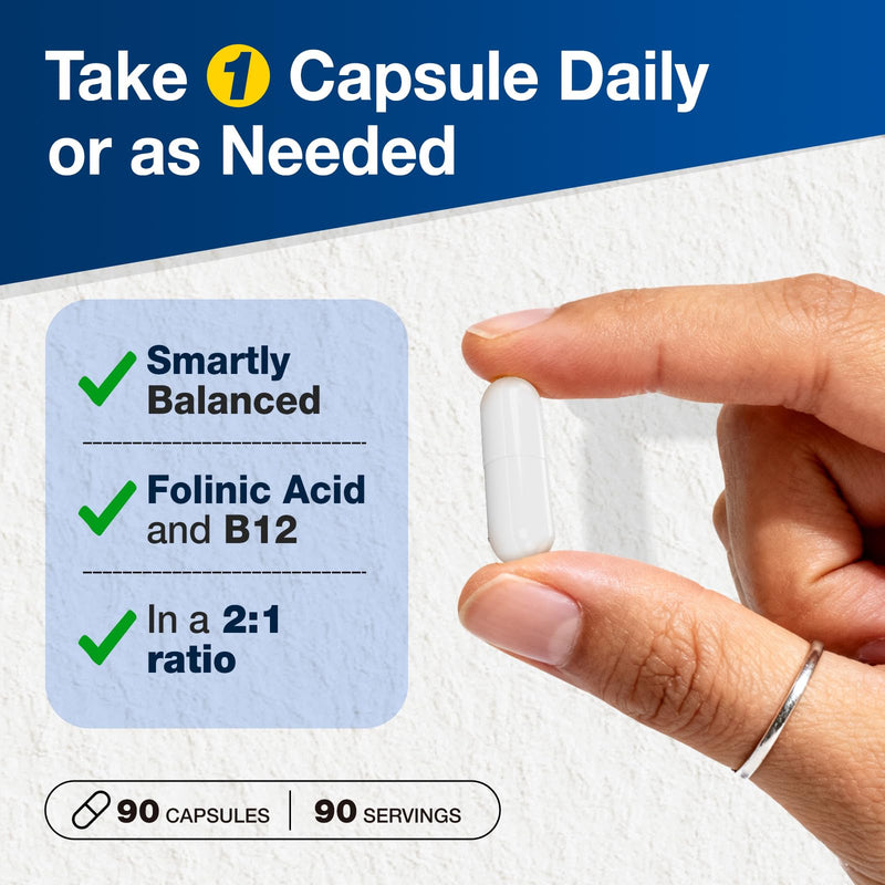Folinic Acid 1000 MCG + B12 500 mcg (Adenosyl & Hydroxo), 90 ct | Gentle & Highly Absorbable, Supports Energy, Brain Health & Metabolism, Vegan