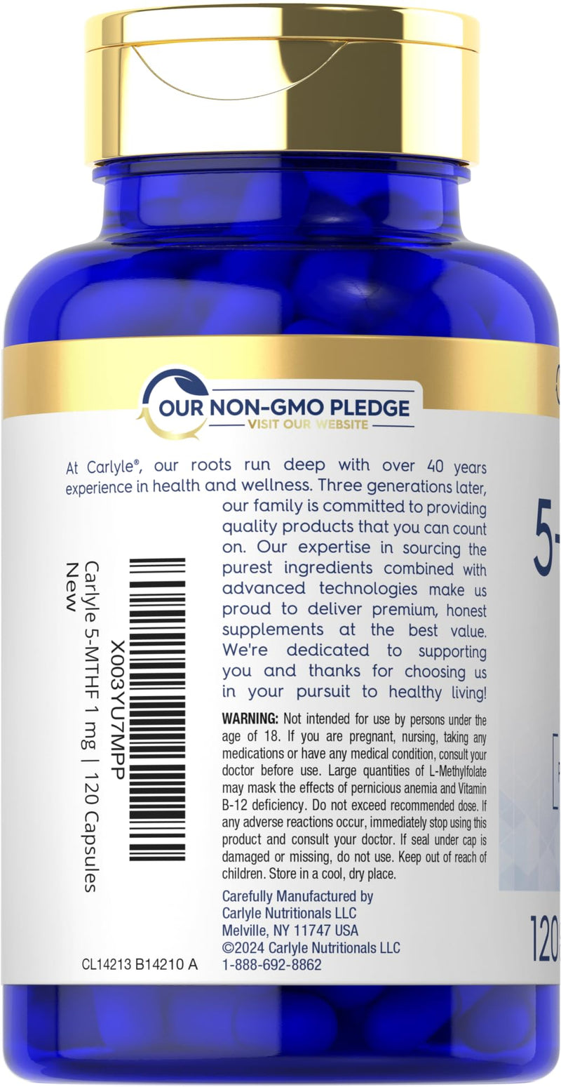 Carlyle 5-MTHF L Methylfolate 1mg | 120 Capsules | Non-GMO & Gluten Free Supplement | Premium Quality