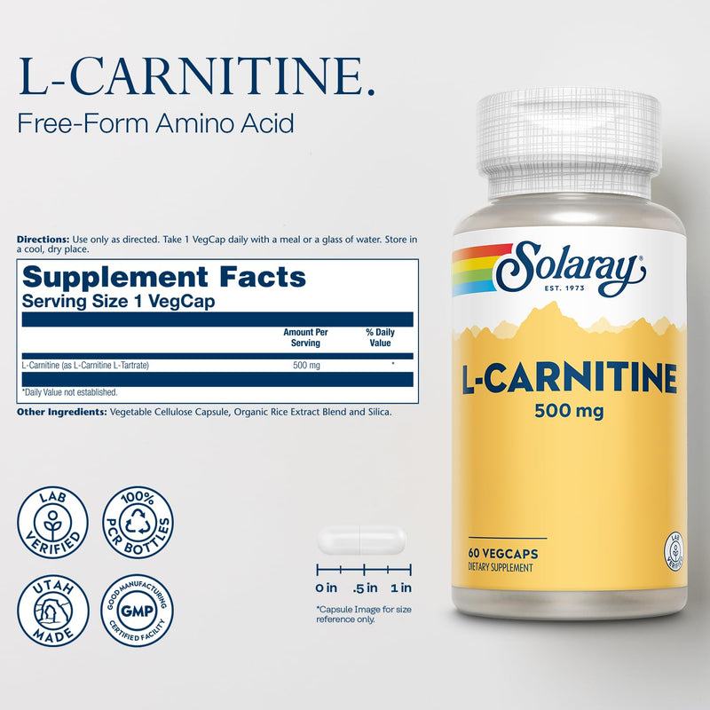SOLARAY L-Carnitine 500 mg, Free Form Amino Acid, Lab Verified, GMP Facility, 60 Servings, 60 VegCaps