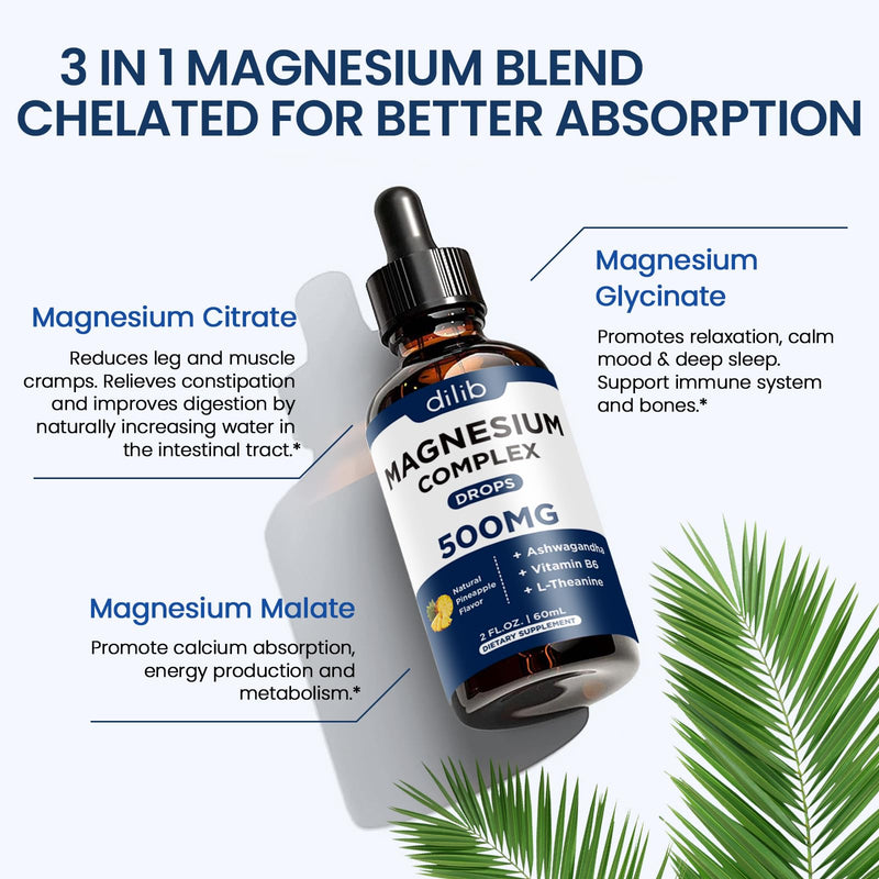 Magnesium Glycinate Liquid Drops 500mg - Triple Magnesium Complex Supplement with Citrate, Malate, Ashwagandha, L-Theanine, Vitamin B6 for Sleep, Stress Relief, Muscle, Pineapple Flavor 4 Fl Oz 2 Fl Oz (Pack of 2)