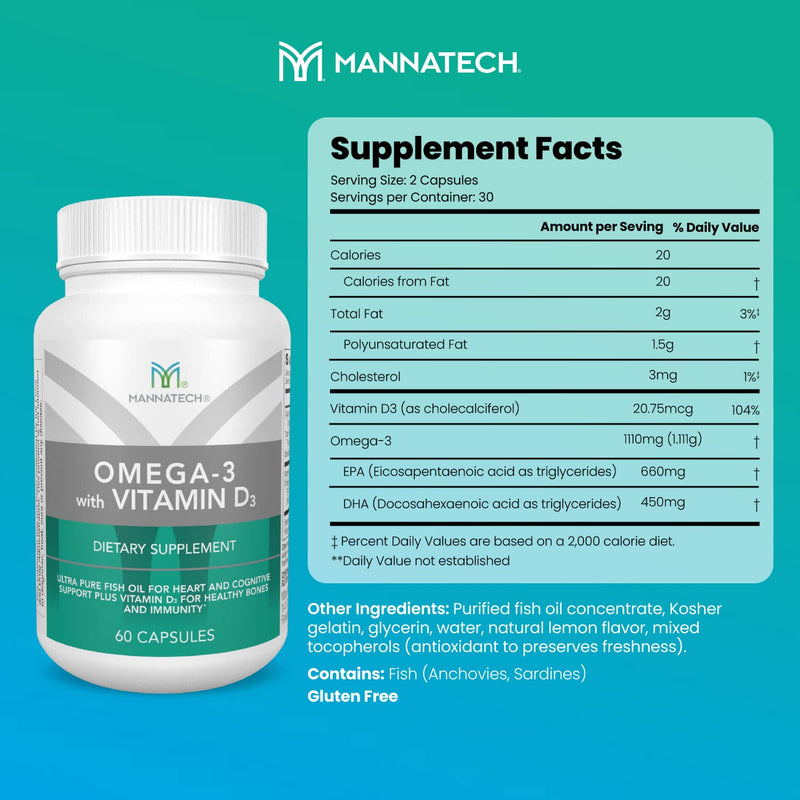 Mannatech - Omega-3 with Vitamin D3 - Softgels | Contains Pure Fish Oil, Omega-3 Fatty Acids, Vitamin D3, Supports Bone, Heart and Cognitive Health, Easy-to-Take Softgels
