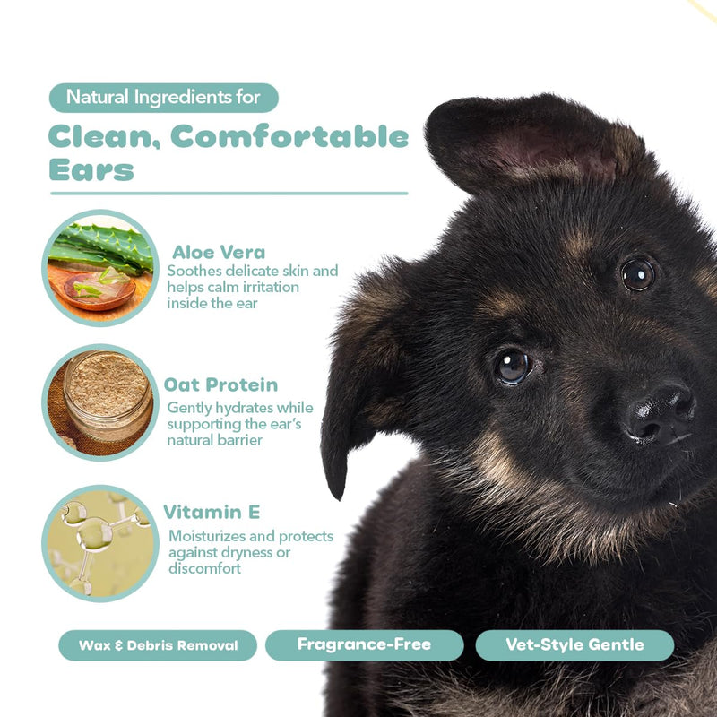 P.E.T. Ear Care Wash for Dogs & Cats — 0% Alcohol & Fragrance-Free Formula — Loosens Wax, Removes Debris, Neutralizes Odor & Soothes with Aloe & Oat — No-Rinse, Vet-Style Application — 16 oz