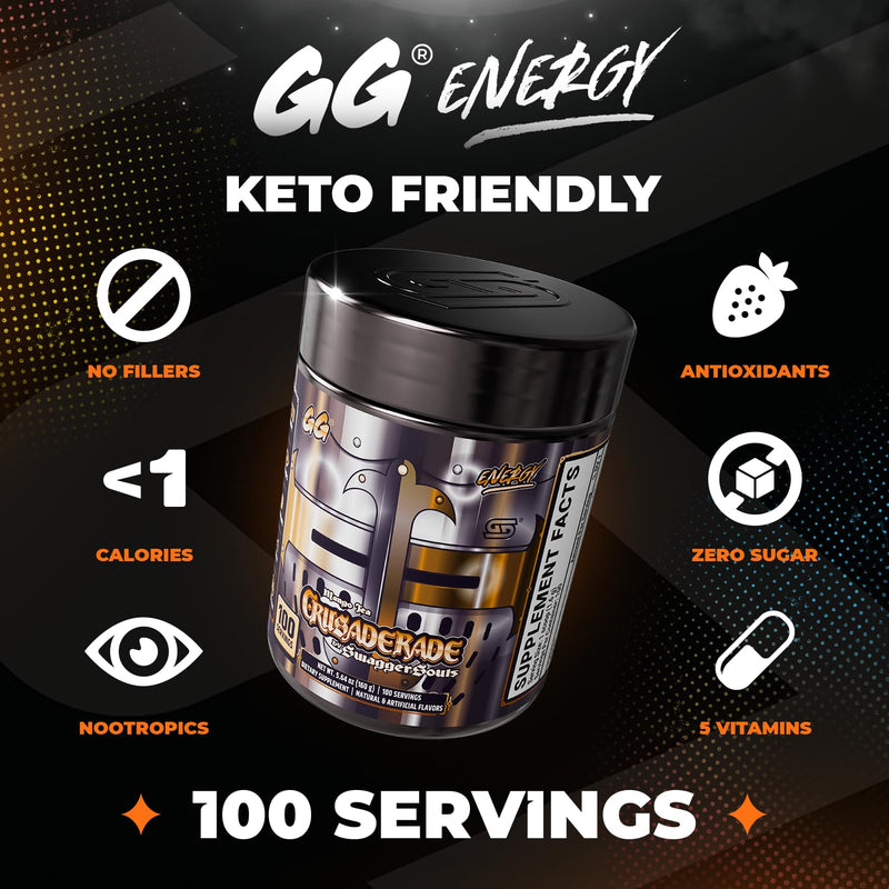 Gamer Supps GG Energy - Crusaderade by SwaggerSouls (100 Servings) - Keto Friendly Gaming Energy and Nootropic Blend, Sugar Free + Caffeine + Vitamins + Immune Support, Powder Drink