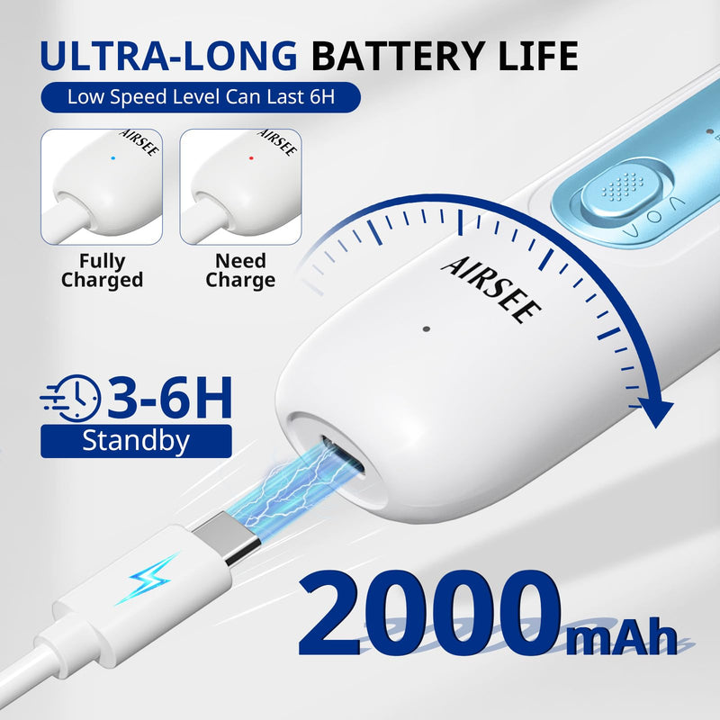 AIRSEE Professional Manicure Pedicure Kit,Cordless 6 in 1 Electric Nail File for feet,5 Speed Rechargeable Pedicure Tools for Thick Nail Toenail Cuticle, Hand Feet Trimmer Buffer for Women Men,Blue Blue
