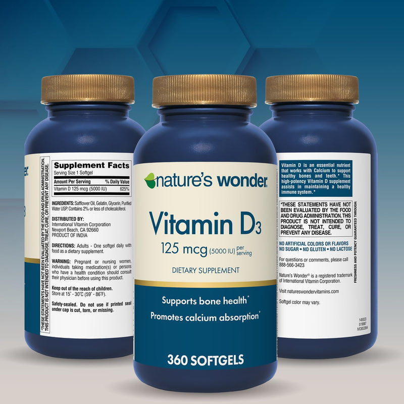 Nature's Wonder Vitamin D3 5000 IU High Potency, Gluten-Free, 360 Softgels | 125mcg, Daily Bone Health, Calcium Absorption & Immune System Support Supplement for Women & Men, Gluten-Free, 1 Year Supply 360 Count (Pack of 1)