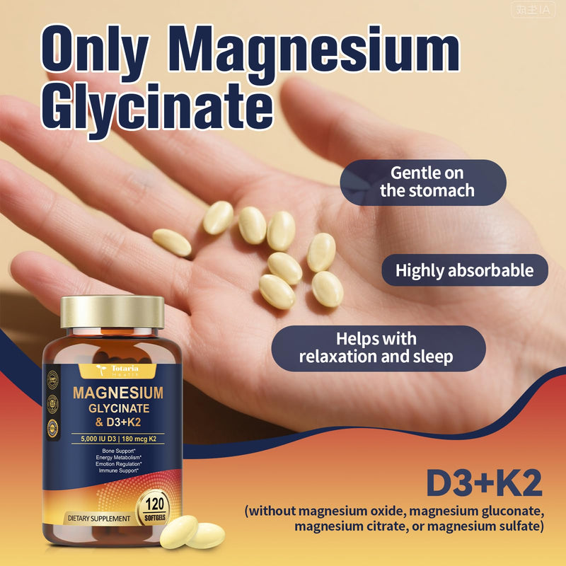 9-in-1 Magnesium Glycinate 500mg + Vitamin D3 5000 IU & K2 Complex - High Absorption - Healthy Stress, Sleep, Muscle Function, Bone Health & Energy Supports | Non-GMO, Gluten-Free 120 Softgels 120 Count (Pack of 1)