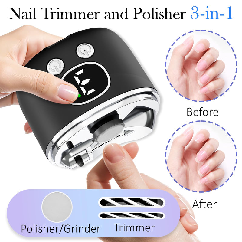 Electric Nail Clipper, 3-Speed Fingernail Trimmer with 2 Trimming Head & Magnifying Glass, Automatic Nail Clipper/Polisher/Grinder with Light for Seniors, Mother‘s Day Gifts for Mom Women Adults Black