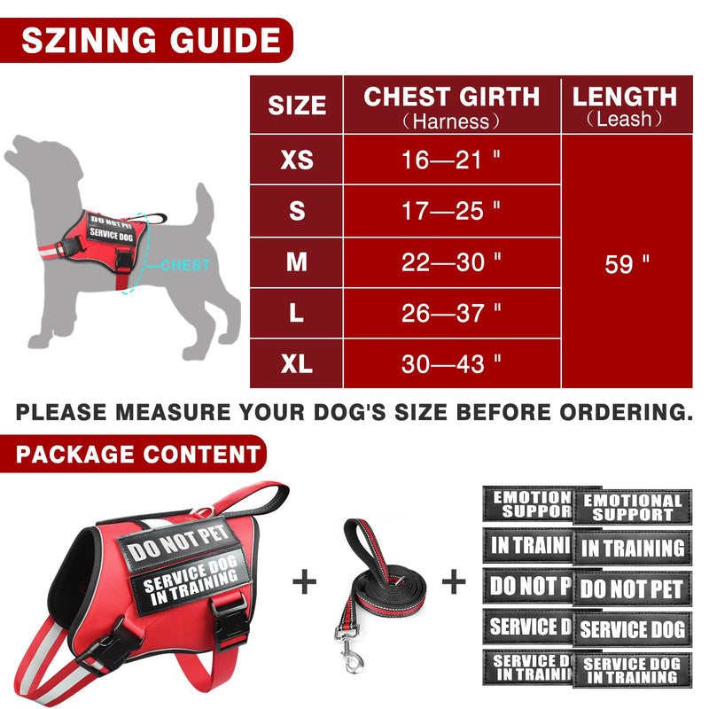 Service Dog Vest Harness and Leash Set+10 Patches,No Pull&Adjustable Reflective Dog Harness with Soft Padded Handle for Training/Everyday,Fit Small/Medium/Large/Extra-Large Dogs(Red L) Large Red - BeesActive Australia