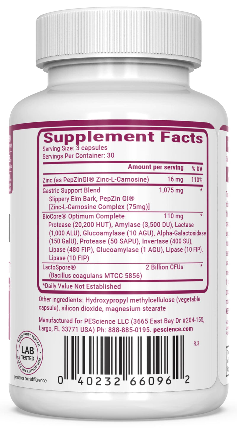 PEScience Symbiont-GI Gut Health Capsules, 90 Capsules, 30 Day Supply | Zinc Carnosine Pepzin GI, Shelf Stable Probiotic, Digestive Enzymes, Slippery Elm Bark
