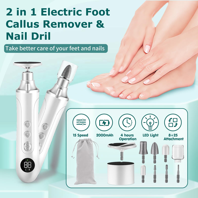 Electric Foot Callus Remover for Feet,15 Speed Adjustable Pedicure Tools for Feet with LED Display, 2 in 1 Nail Drill Foot File, Rechargeable Electric Foot Scrubber for Dead Skin and Thick Toenail