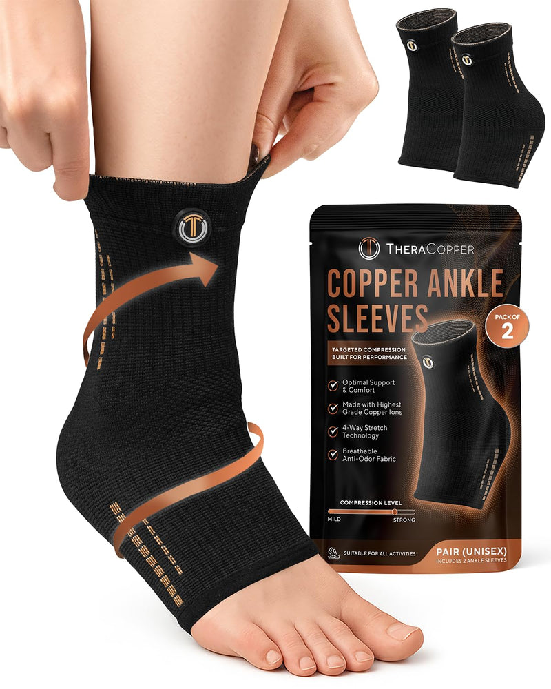 TheraCopper Copper Ankle Brace (2 Pack) — Compression Ankles Brace for Men & Women — Infused Copper Ankle Sleeve Compression Support for Pain Relief, Swelling, Sprains, Achilles Recovery & Sports (Medium) Medium