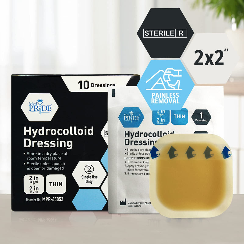 MED PRIDE Hydrocolloid 2'' x 2'' Wound Dressing Pads| 10-Pack, Sterile Adhesive Patches| Individually Packed, Highly Absorbent, Water-Resistant & Comfortable| Multiple Day Usage 2'' x 2'' Thin - BeesActive Australia