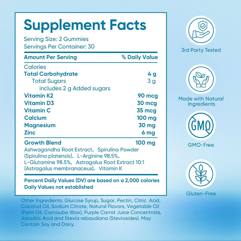 Heightener Gummies with Vitamin C, Vitamin D, Calcium & Ashwagandha – 60 Gummies