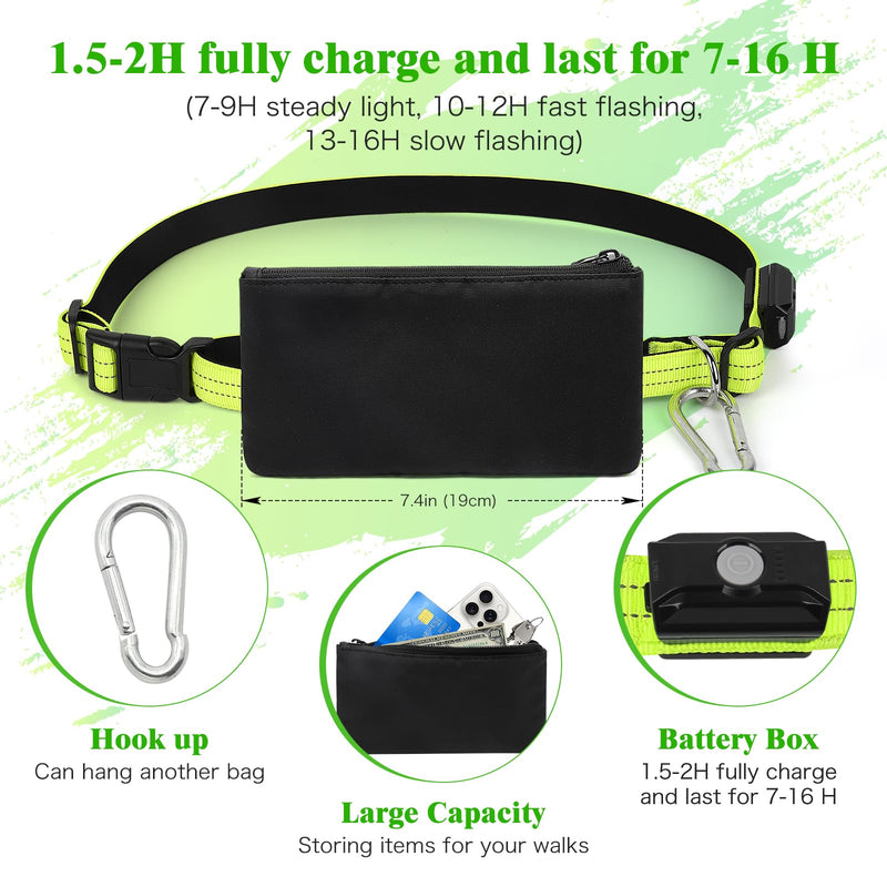 LED Hands Free Dog Leash, Waist Leash for Dog Walking, Retractable Bungee Light Up Dog Leash, LED Handless Dog Running Leash, Reflective Running Leash for Jogging Training Hiking (Green) Green