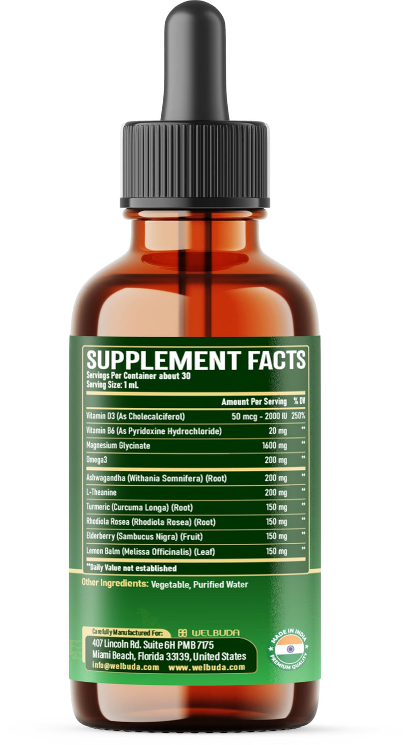 10in1 Magnesium Glycinate Liquid Drop with Omega-3, Vitamin D3, Vitamin B6, Ashwagandha, L-Theanine, Turmeric, Rhodiola Rosea, Elderberry, Lemon Balm - 1 FL Oz - 30 Days Supply
