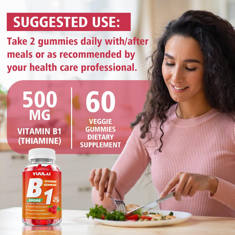 Pack of 2 Vitamin B1 Gummies 500mg for Adults & Kids, Thiamine B1 Supplement with Magnesium, Vitamin B1 Supplement for Nervous System Supports & Boost Energy, Raspberry Flavor, 120 Count 120 Count (Pack of 1)