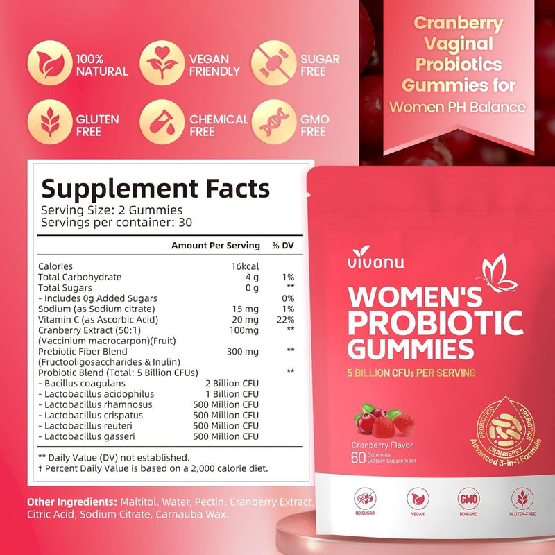VivoNu Probiotics for Women, Women Probiotic Gummies, 500 Million CFUs | Fiber | Feminine Balance Gummies for Healthy Odour,Digestive Support and Gut Health+Vitamin C for Immune Support - 60 Gummies 60pcs/1bag-cranberry