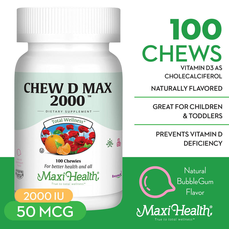 Maxi Health Chewable Vitamin D3 2000 IU Supplement - Delicious Natural Bubble Gum Flavor - Supports Calcium Absorption, Immune and Bone Health | Kosher | Vitamin D Immune Support Supplement | Calcium Absorption, Bone, Teeth & Muscle Support | Doctor Fo...