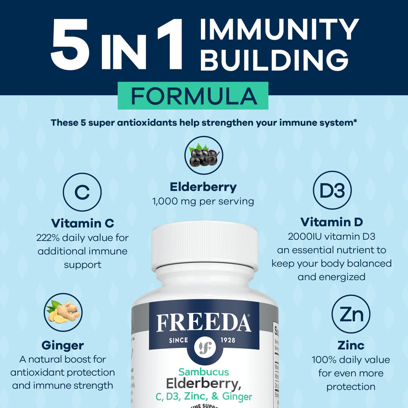 FREEDA Sambucus Elderberry with Vitamin C, D3, Zinc & Ginger - 240 Capsules | 5-in-1 Herbal Immune Support with Elderberry, Vitamins C & D3, Zinc, and Ginger for Adults - Gluten-Free - Pack Of 2 120 Count (Pack of 2)