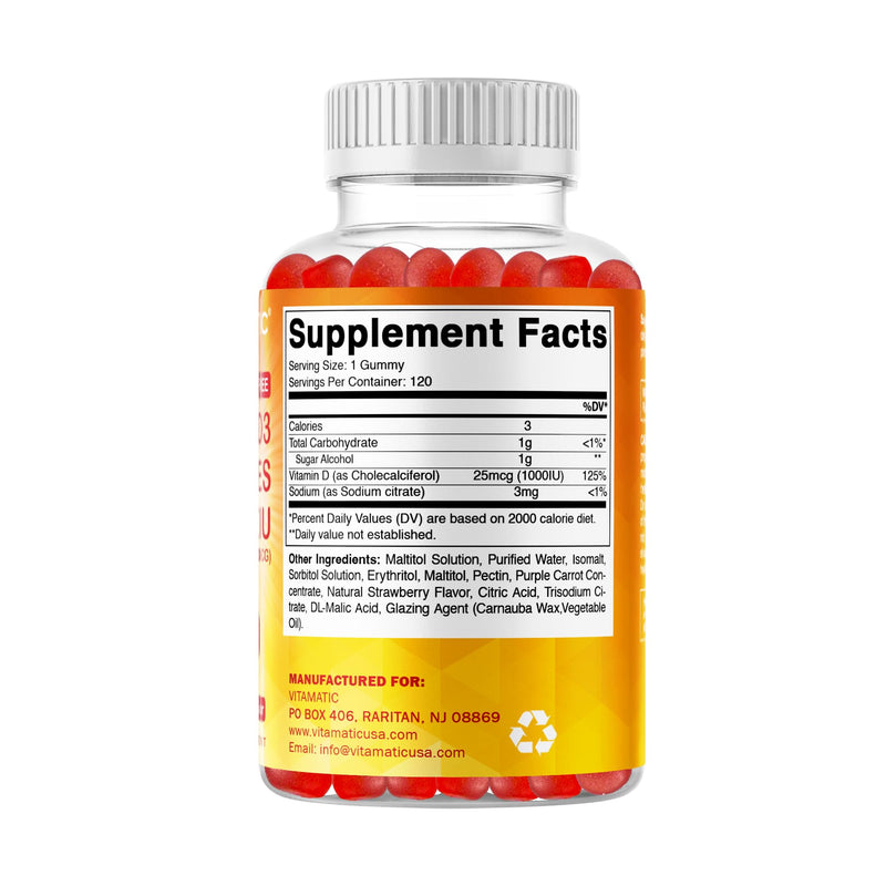 Vitamatic Sugar Free Vitamin D3-120 Pectin Based Gummies - Great Taste - Healthy Bones, Mood & Immune System Function - Non-GMO - 120 Servings (1000 IU) | Natural Strawberry Flavor, Sugar Free, Non GMO, Gluten Free 1000 IU