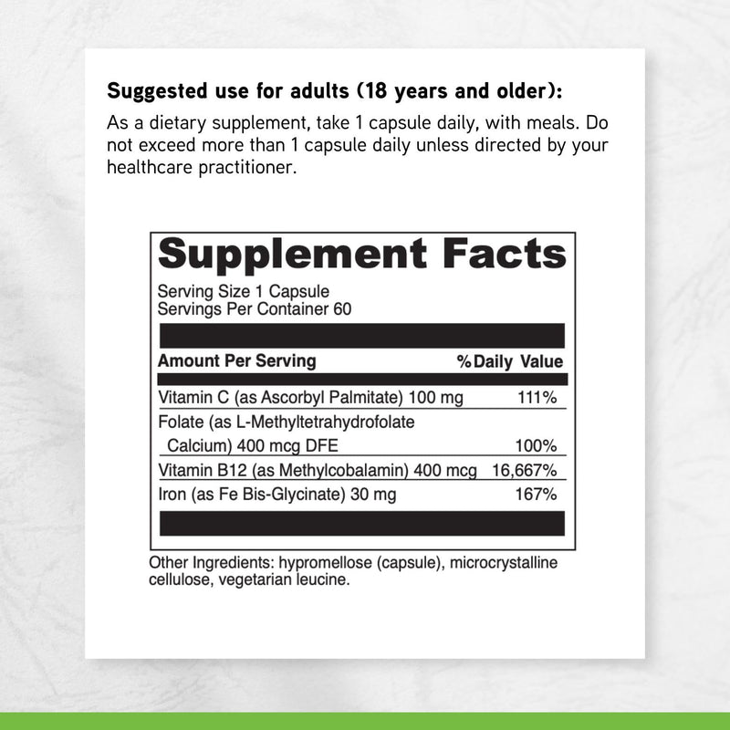 DAVINCI Labs Iron Bis-Glycinate - Gentle Iron Supplement for Women & Men - Help Support Hemoglobin Production & Normal Energy Levels with Vitamin C & More - Vegan - 60 Vegetarian Capsules