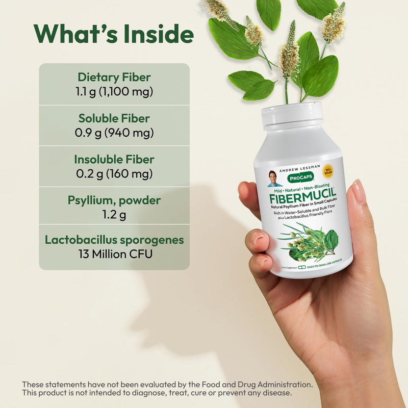 Andrew Lessman ProCaps Fibermucil Psyllium Husk Fiber 360 Capsules | Psyllium Husk Powder with Soluble & Insoluble Fiber plus Lactobacillus Sporogenes. No additives. Easy-to-swallow capsules. 360 Count (Pack of 1)
