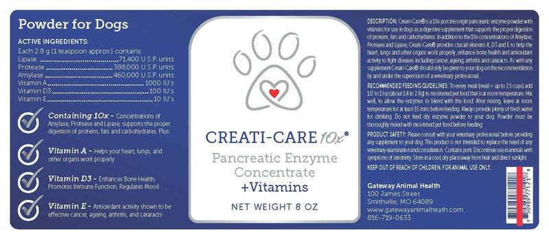 Pancreatic Enzyme for Dogs - Creati-Care 10x Dog Digestive Enzymes Powder with Vitamins Restore Normal Weight, Supports Pancreatin Issues Relieves Digestive Stress - 12 oz - PawsPlanet Australia