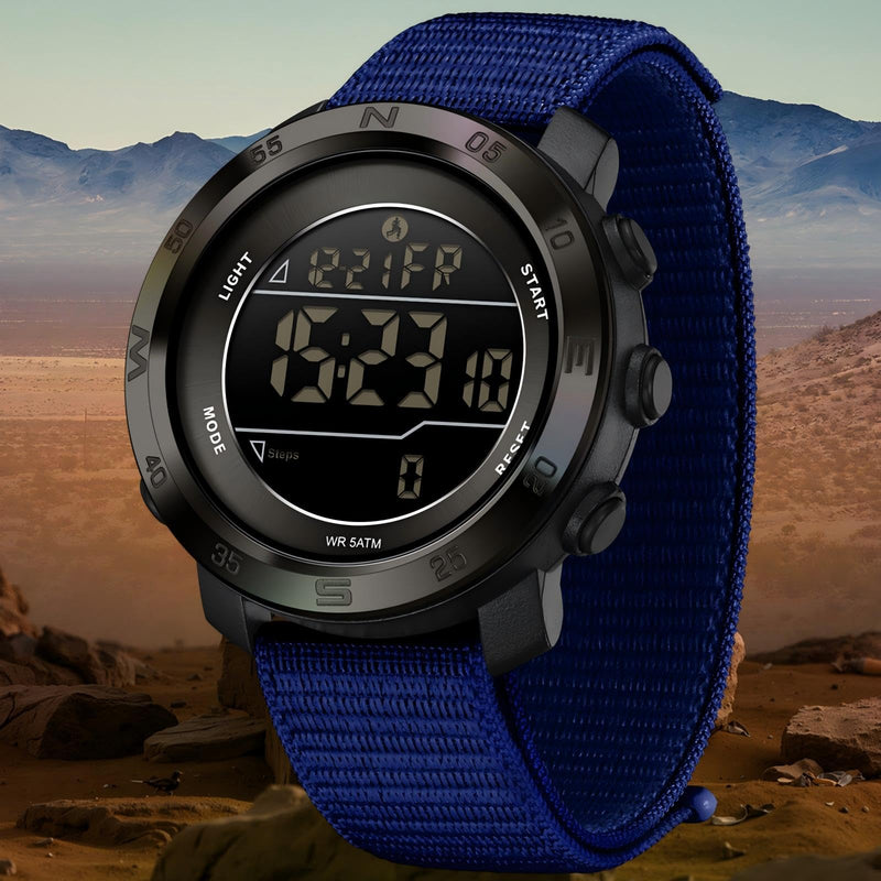 findtime Step Counter Watch No Phone Needed Pedometer for Walking Mens Women's Digital Watches with Calories Distance Alarm Countdown Timer Nylon Strap Blue Black Blue