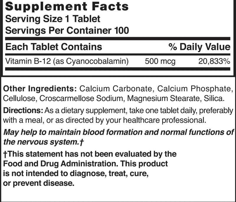 Nature's Blend Vitamin B-12 500 mcg 100 Tablets
