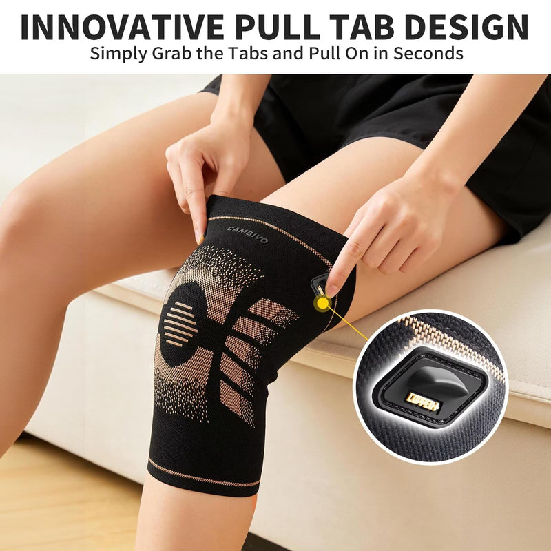 CAMBIVO Copper Knee Brace for Women and Men with Pull-Up Tabs, Knee Compression Sleeve for Knee Pain Relief, Knee Support for Daily Uses, Running, Workouts, Work, Recovery, Relief (Midnight Copper, Large) Midnight Copper