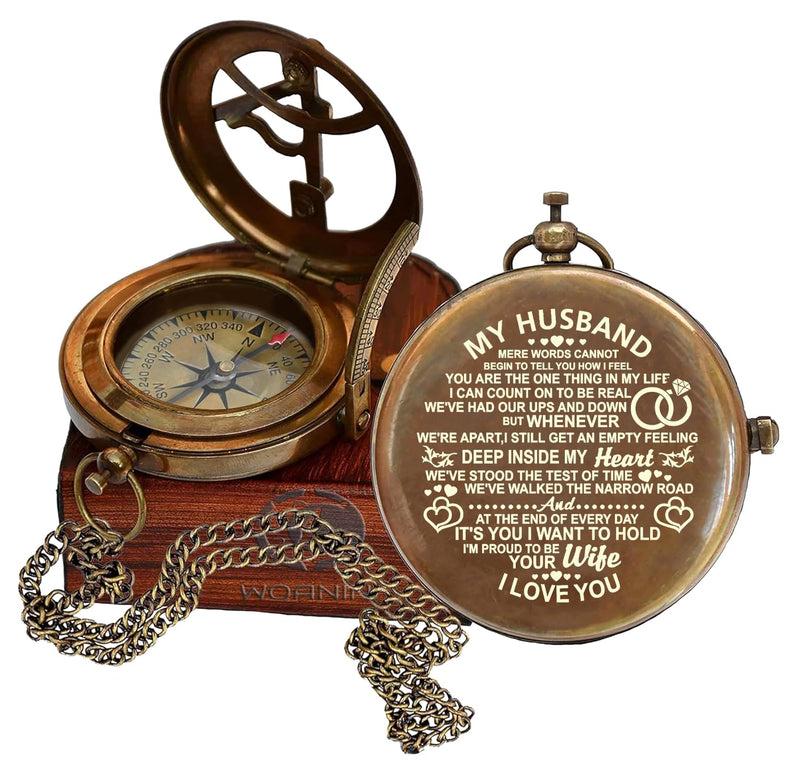 Engraved Compass, to My Husband I Love You, Brass Compass Engraved Gifts for Men, Bronze for Men, Romantic Gifts for Him/Her, Keepsake Gifts for Husband #1 Husband