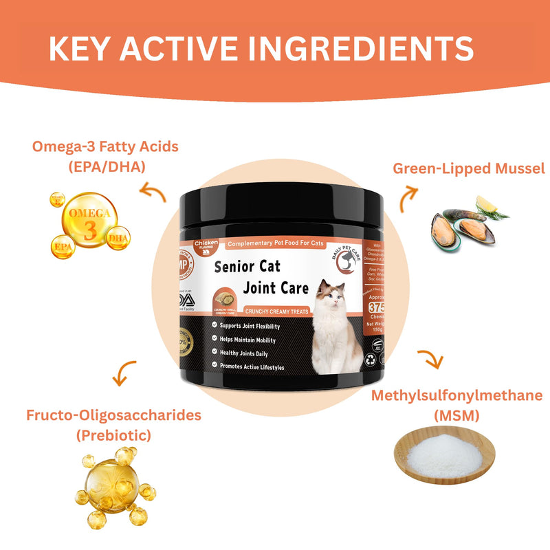 Senior Cat Joint Support Chews UK - Glucosamine, Chondroitin & Omega-3 for Mobility - with Green Lipped Mussel, MSM for Joint Pain Relief in Older Cats - Crunchy & Creamy Cat Treats