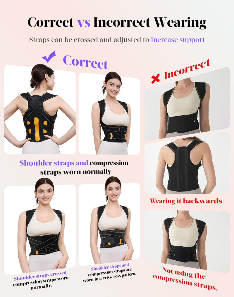 Posture Corrector for Women and Men, 5 Full Back Support Brace Rods, FSA&HSA Eligible, Adjustable Shoulder Straightener, Improving Hunchback Posture, Upper and Lower Back, Neck Pain Relief, Large Black Yellow - BeesActive Australia