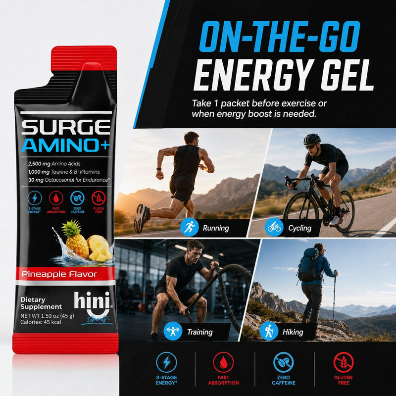 HINI Surge Amino+ Energy Gel, Pineapple Flavor, 4 Packets | 2,500 mg amino acid blend, 1,000 mg taurine, B vitamins and 30 mg octacosanol per packet.