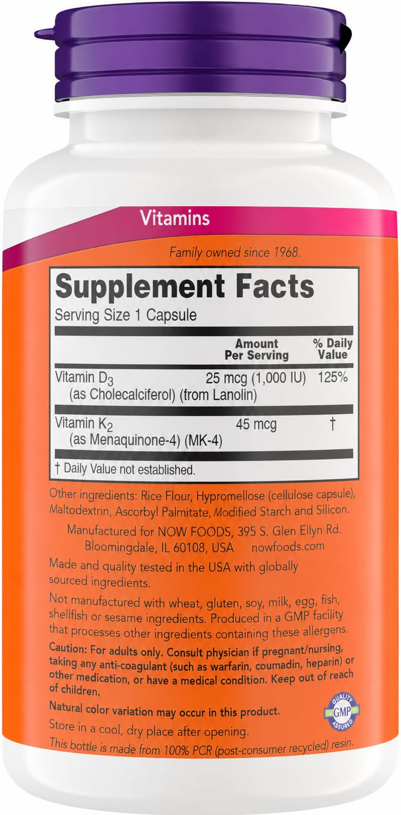 Now Supplements Vitamin D3 K2, 1,000 IU/45 mcg, Cardiovascular Support, Supports Bone Health, 180 Vegetarian Capsules - Vegan, Gluten Free, Kosher Vitamin D3 and K2 Supplements 180 Count (Pack of 3)