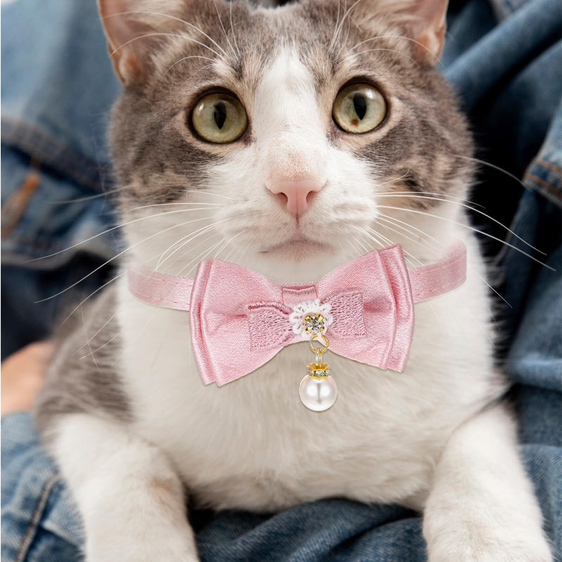 Pink Cat Collar Breakaway Cat Collar with Bowtie and Flower,Cat Collars for Girl Cats,Cute Soft Pearl Cat Collar Adjustable Cat Collar - BeesActive Australia