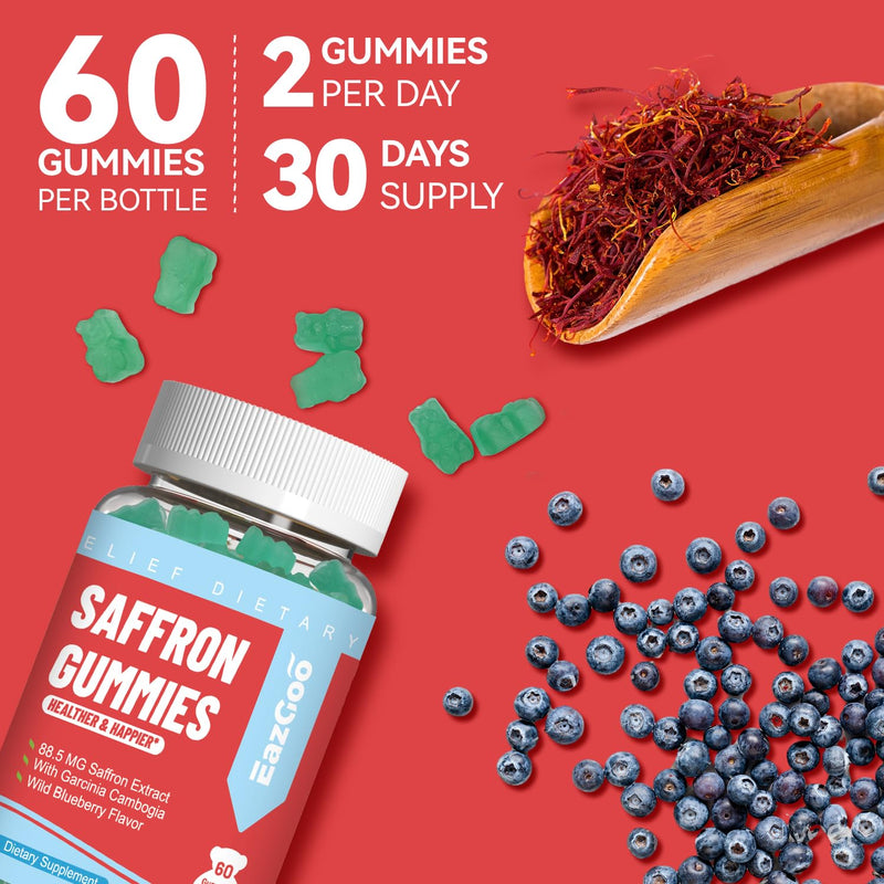 Saffron Supplements Gummies, Saffron Extract, Vegan - 60 Gummies | for Positive Mood & Calm Nerve, Boost Energy, with Garcinia Cambogia, Vitamin A, B12, Rhodiola Rosea 60 Count (Pack of 1)