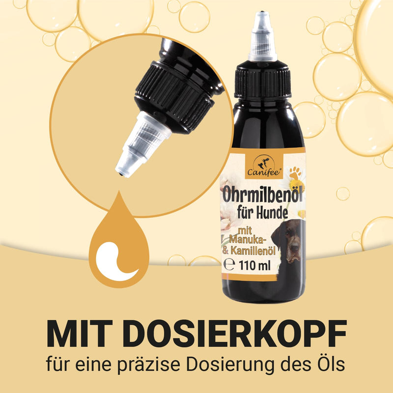 Canifee - Ear drops for dogs ear mite oil dog with manuka oil for yeast fungus and ear mites dog, 110ml bottle with finely adjustable dosing head, natural care oil against inflammation ear mite oil 110ml - BeesActive Australia