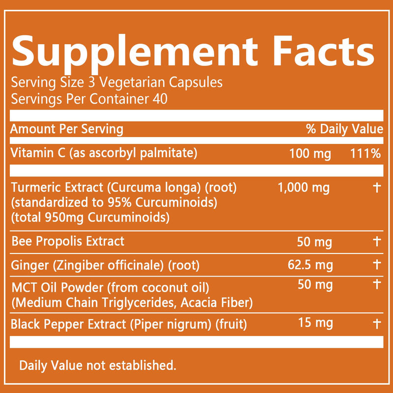Turmeric Curcumin 95 1000mg - 95% Turmeric Complex Supplement with Bee Propolis, Ginger, MCT Oil, Fat Soluble Vitamin C, & Black Pepper, Non-GMO, Gluten Free, 120 Capsules