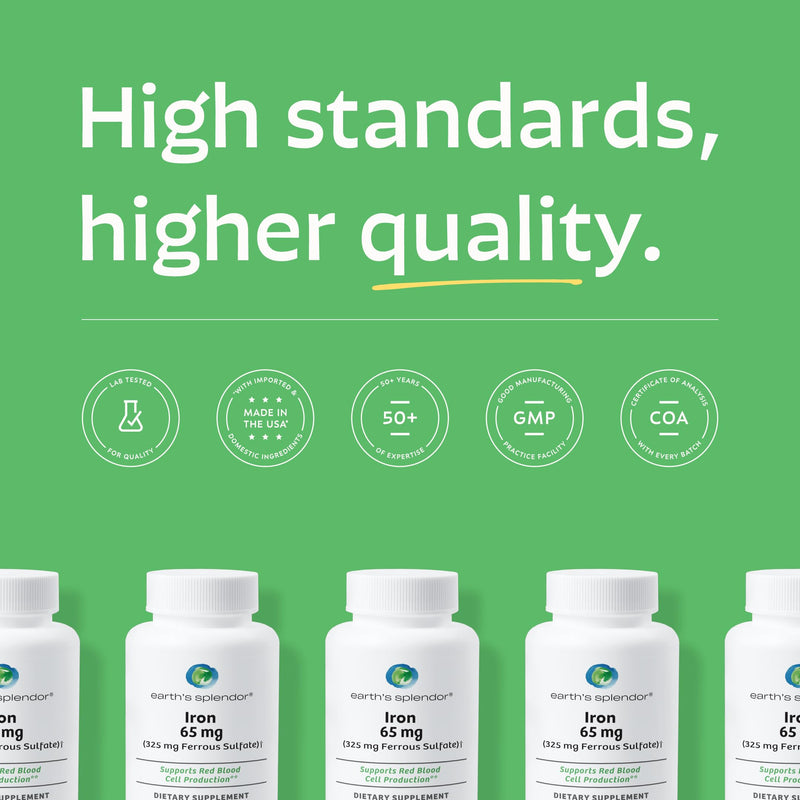 Earth's Splendor Iron 65mg USP Ferrous Sulfate 325mg Tablets 90 Count | Supports Energy Production Oxygen Transportation Healthy Blood Daily Supplement Three Month Supply 90 Tablets Iron 65 mg