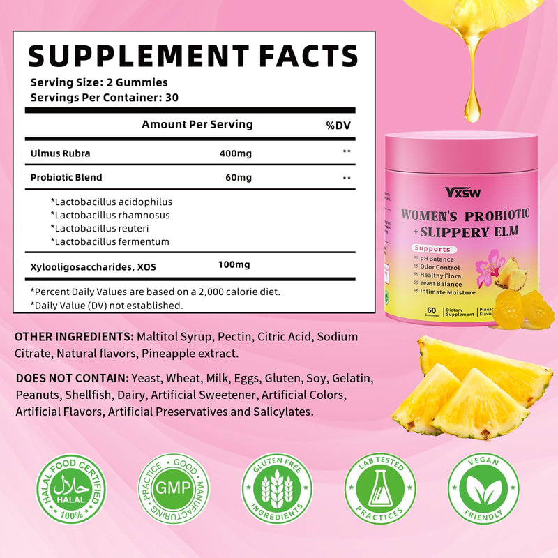 Women's Probiotics Slippery Elm Gummies, Sugar-Free Feminine Probiotics Gummies Support pH Balance, Gut Health & Immune System, Pineapple Flavor, 60 Count