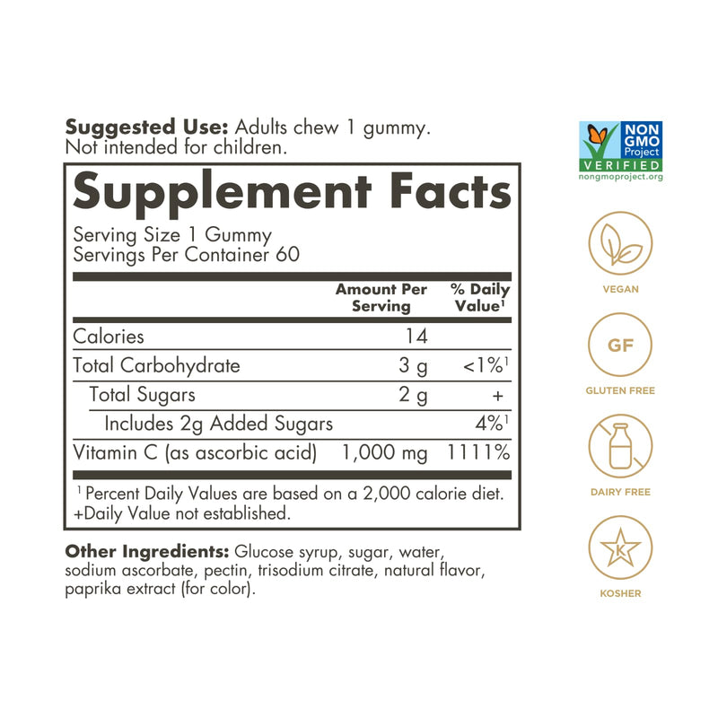 Solgar Vitamin C Gummies for Adults 1,000mg Ultra Potency Vitamin C | Immune System Support for Women & Men, Tart Orange Flavor, Vegan & Gluten-Free Gummy, 2 Month Supply, 2g Sugar, 60 Servings